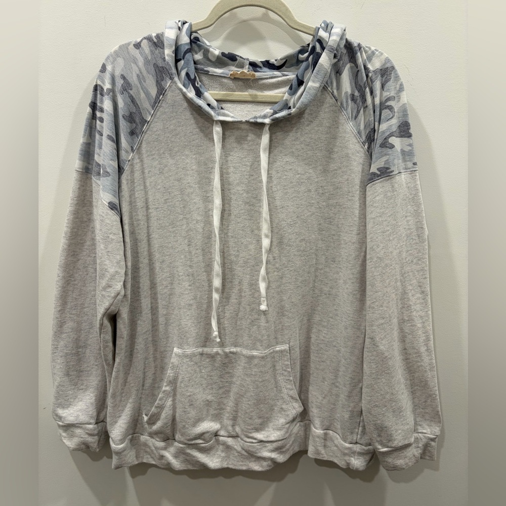 Hem & Thread Light Gray Hoodie with Blue Camouflage Accents